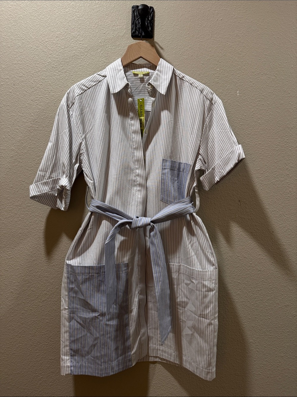 Gianni Bini Striped Tie-Waist Mini Shirt Dress in White and Light Blue